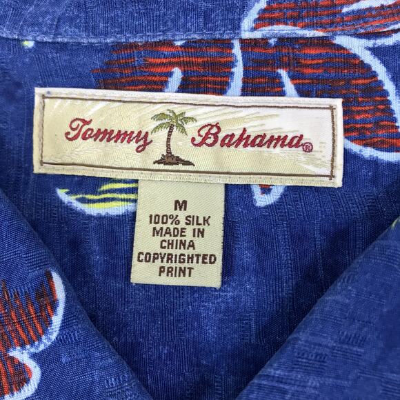 TOMMY BAHAMA Floral Silk Shirt Mens M Blue Short Sleeve Coastal Hawaiian Beach - Picture 8 of 10